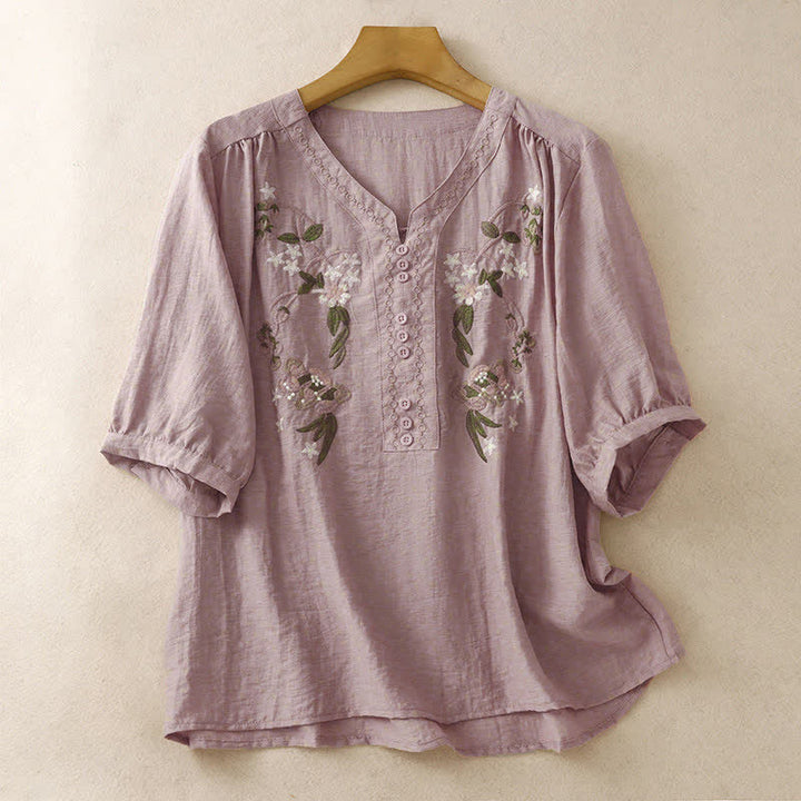 Buddha Stones Chemise à manches courtes pour femme, style bohème d'été, brodée de fleurs - Rouge violet pâle - US8-10，UK/AU12-14，EU40-42 (2XL) - image 6