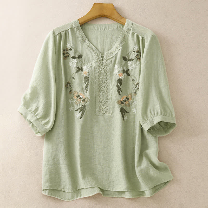 Buddha Stones Chemise à manches courtes pour femme, style bohème d'été, brodée de fleurs - Vert foncé - US8-10，UK/AU12-14，EU40-42 (2XL) - image 0