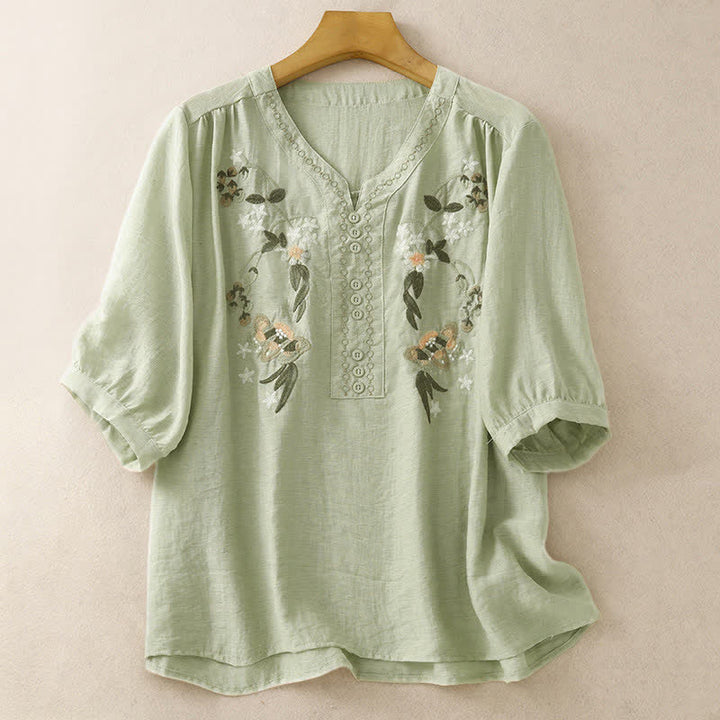 Buddha Stones Chemise à manches courtes pour femme, style bohème d'été, brodée de fleurs - Vert foncé - US8-10，UK/AU12-14，EU40-42 (2XL) - image 0