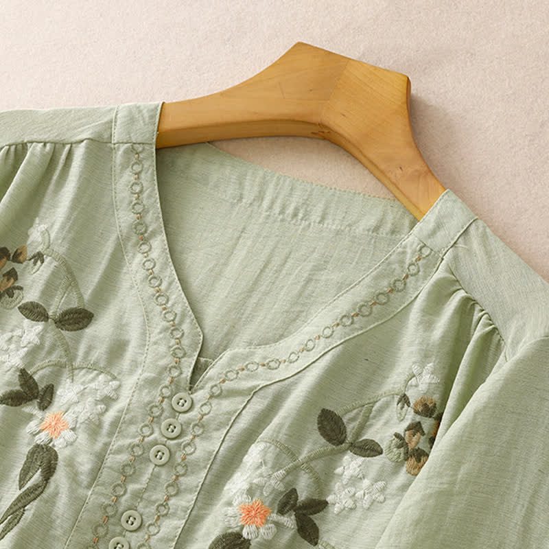 Buddha Stones Chemise à manches courtes pour femme, style bohème d'été, brodée de fleurs - image 1