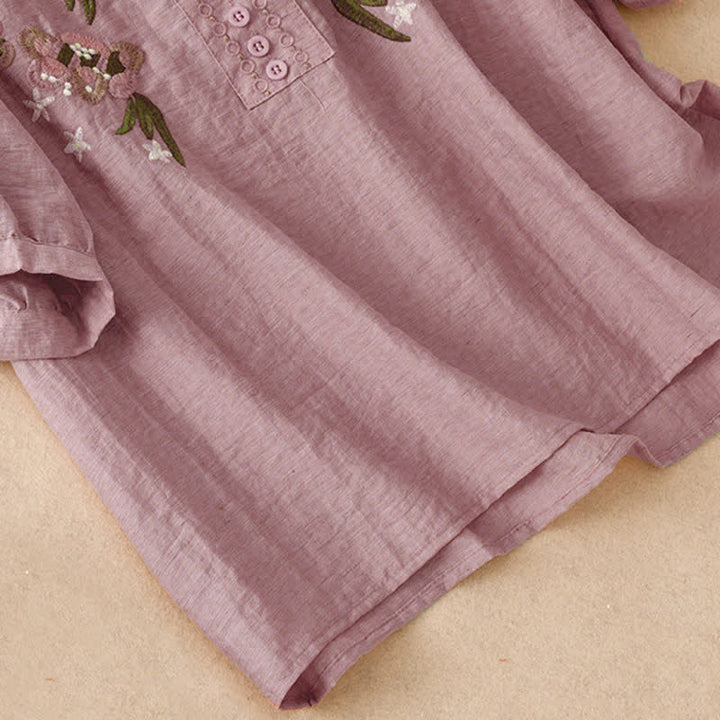 Buddha Stones Chemise à manches courtes pour femme, style bohème d'été, brodée de fleurs - image 12