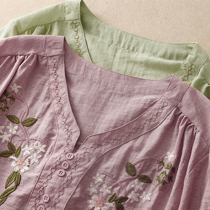 Buddha Stones Chemise à manches courtes pour femme, style bohème d'été, brodée de fleurs - image 18