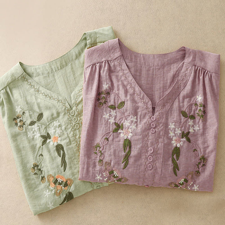 Buddha Stones Chemise à manches courtes pour femme, style bohème d'été, brodée de fleurs - image 17