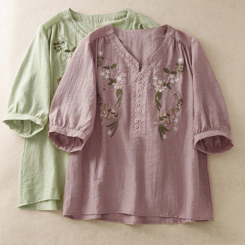 Buddha Stones Chemise à manches courtes pour femme, style bohème d'été, brodée de fleurs - image 16