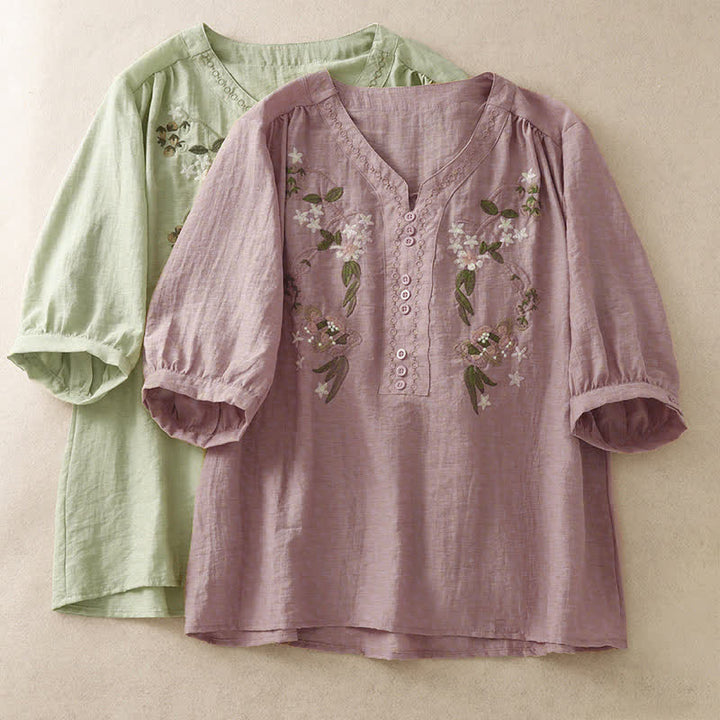 Buddha Stones Chemise à manches courtes pour femme, style bohème d'été, brodée de fleurs - image 16
