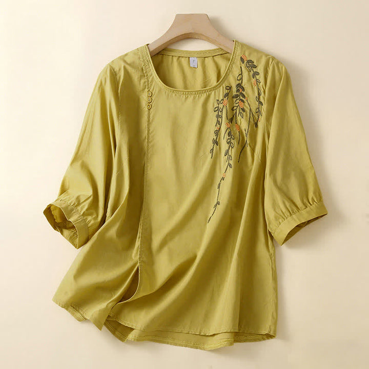 Buddha Stones T-shirts à manches courtes pour femmes, col rond, broderie florale, style décontracté d'été - Jaune d'or pâle - US14，UK/AU18，EU46 (4XL) - image 6