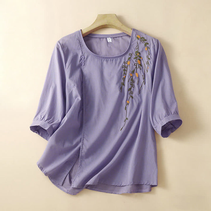 Buddha Stones T-shirts à manches courtes pour femmes, col rond, broderie florale, style décontracté d'été - Lavande - US14，UK/AU18，EU46 (4XL) - image 0