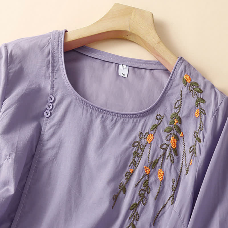 Buddha Stones T-shirts à manches courtes pour femmes, col rond, broderie florale, style décontracté d'été - image 1