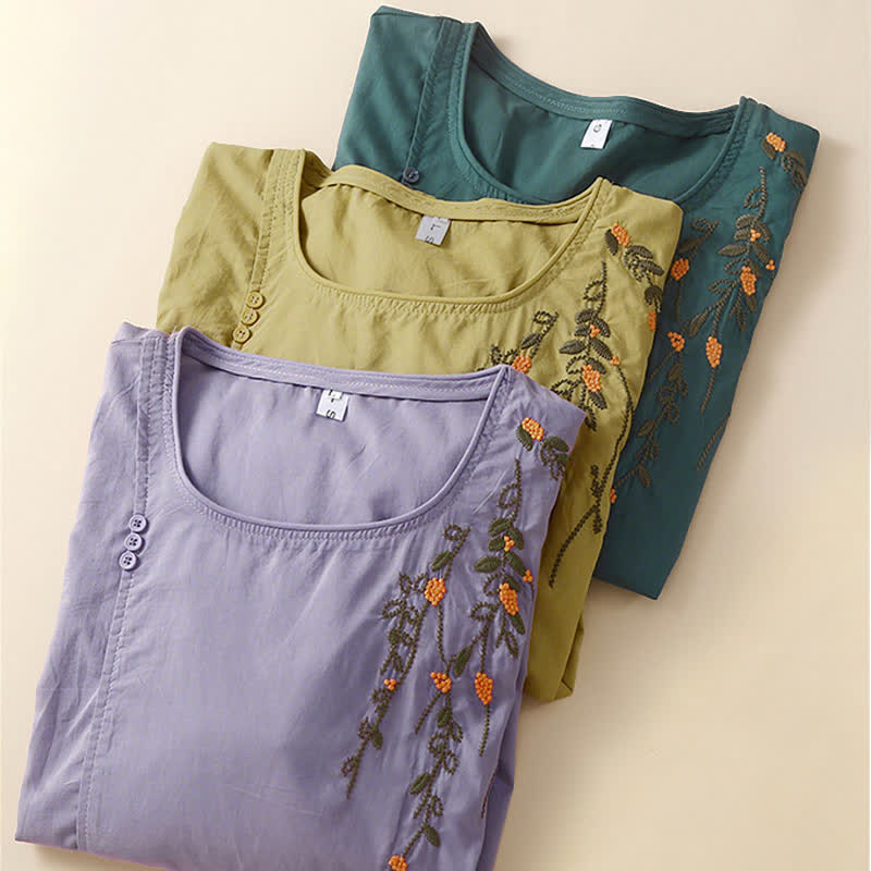 Buddha Stones T-shirts à manches courtes pour femmes, col rond, broderie florale, style décontracté d'été - image 16