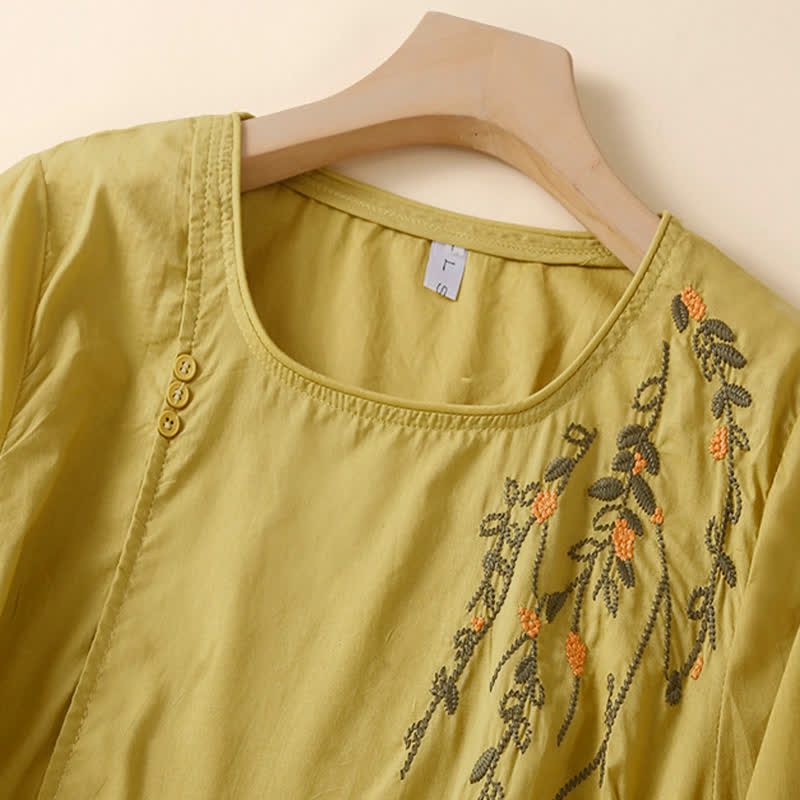 Buddha Stones T-shirts à manches courtes pour femmes, col rond, broderie florale, style décontracté d'été - image 8