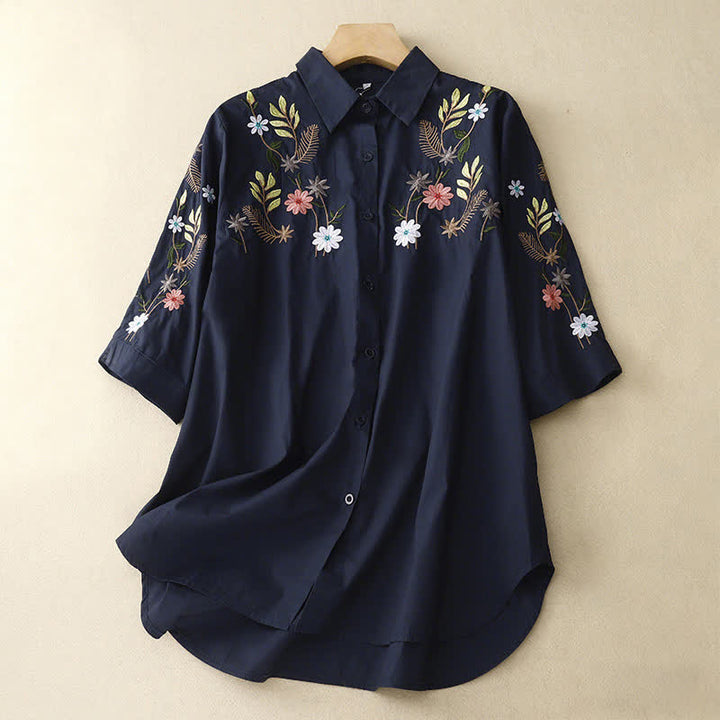 Buddha Stones Chemise à manches courtes pour femme, style bohème printemps-été, broderie florale - Bleu nuit - US8-10，UK/AU12-14，EU40-42 (2XL) - image 0