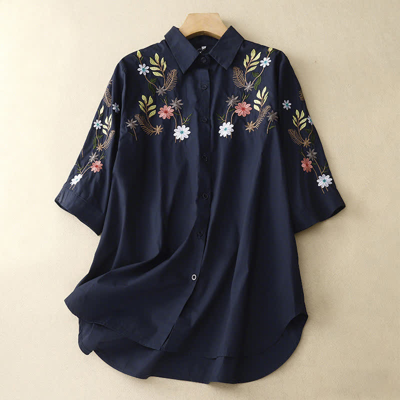 Buddha Stones Chemise à manches courtes pour femme, style bohème printemps-été, broderie florale - Bleu nuit - US8-10，UK/AU12-14，EU40-42 (2XL) - image 0