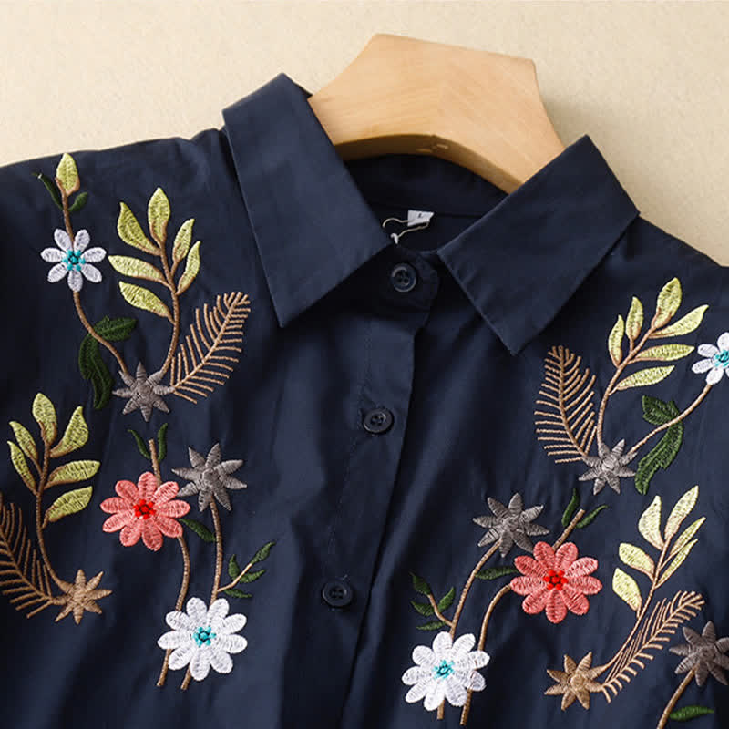 Buddha Stones Chemise à manches courtes pour femme, style bohème printemps-été, broderie florale - image 1