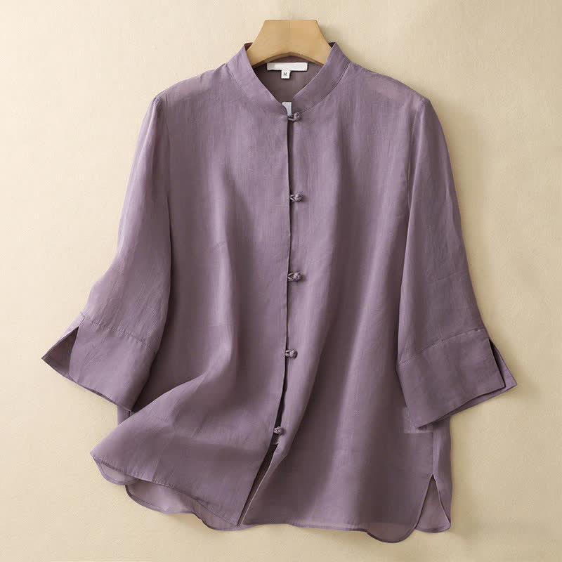 Buddha Stones Chemises d'été unies à col mandarin et manches trois-quarts pour femmes - Violet moyen - US8-10，UK/AU12-14，EU40-42 (2XL) - image 0