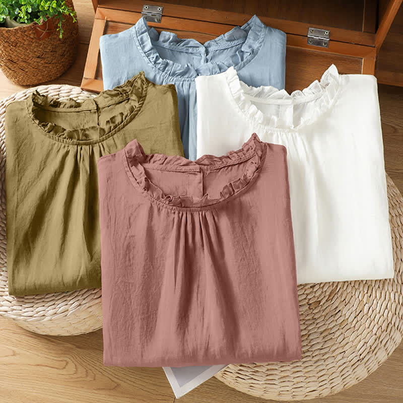 Buddha Stones Chemises d'été décontractées pour femmes, col à volants, boutonnées au dos, unies, sans manches - image 26
