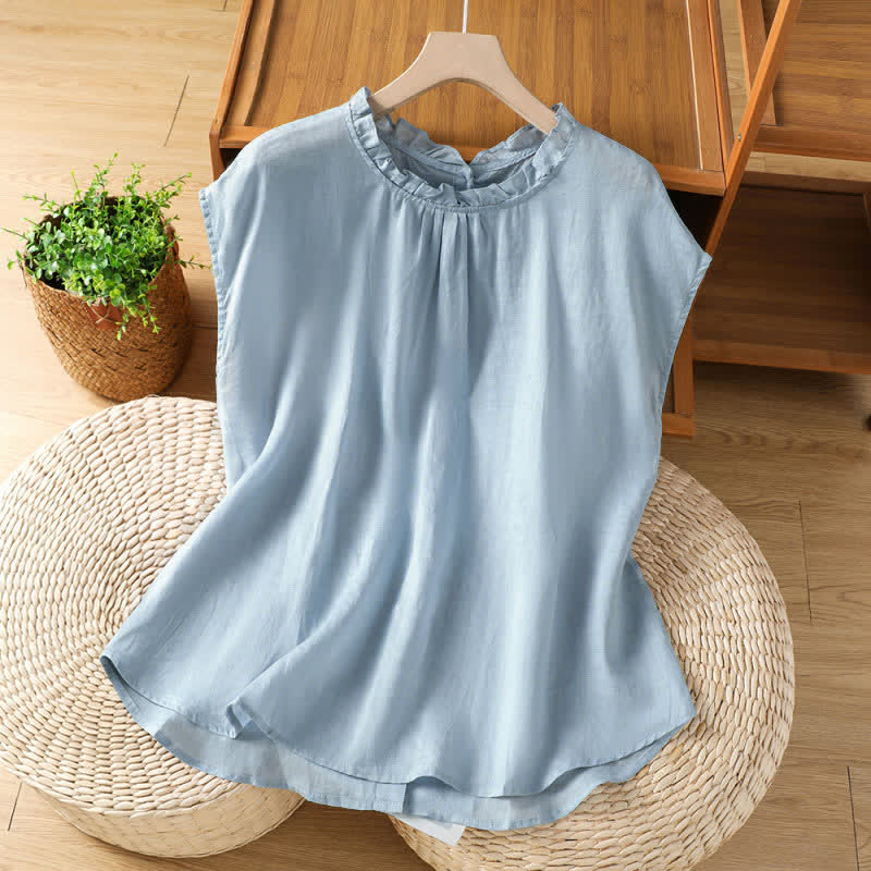 Buddha Stones Chemises d'été décontractées pour femmes, col à volants, boutonnées au dos, unies, sans manches - Bleu acier clair - US8-10，UK/AU12-14，EU40-42 (2XL) - image 0