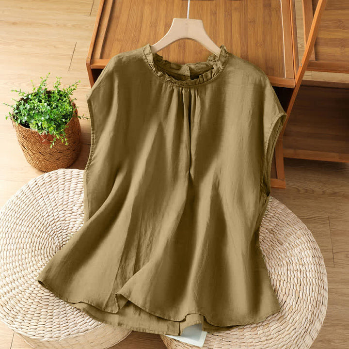 Buddha Stones Chemises d'été décontractées pour femmes, col à volants, boutonnées au dos, unies, sans manches - verge d'or - US8-10，UK/AU12-14，EU40-42 (2XL) - image 19