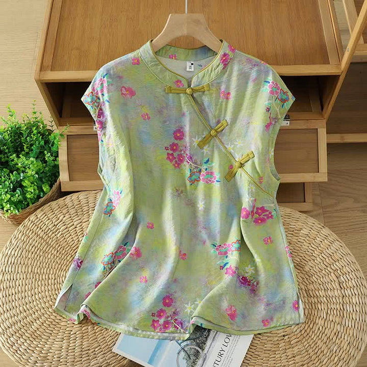 Buddha Stones Chemises sans manches élégantes d'été pour femmes, à col mandarin, fente latérale et imprimé floral - JauneVert - US14，UK/AU18，EU46 (2XL) - image 10