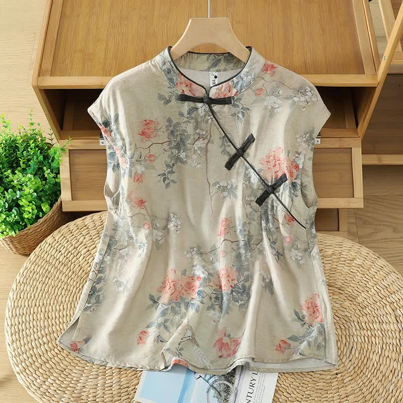 Buddha Stones Chemises sans manches élégantes d'été pour femmes, à col mandarin, fente latérale et imprimé floral - Beige - US14，UK/AU18，EU46 (2XL) - image 0
