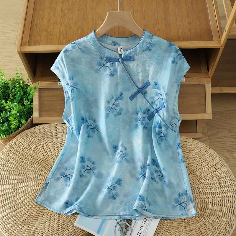 Buddha Stones Chemises sans manches élégantes d'été pour femmes, à col mandarin, fente latérale et imprimé floral - Bleu poudré - US14，UK/AU18，EU46 (2XL) - image 5