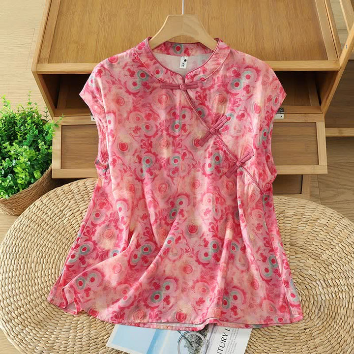 Buddha Stones Chemises sans manches élégantes d'été pour femmes, à col mandarin, fente latérale et imprimé floral - Rouge violet pâle - US14，UK/AU18，EU46 (2XL) - image 15