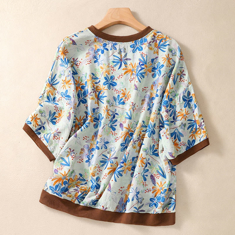 Buddha Stones T-shirts à manches courtes pour femmes, col rond, imprimé floral, style vintage été - image 22