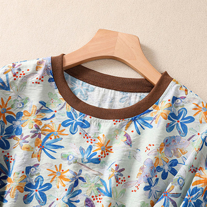 Buddha Stones T-shirts à manches courtes pour femmes, col rond, imprimé floral, style vintage été - image 23