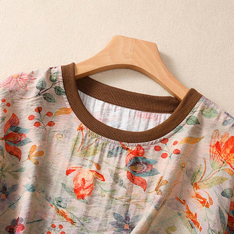 Buddha Stones T-shirts à manches courtes pour femmes, col rond, imprimé floral, style vintage été - image 2