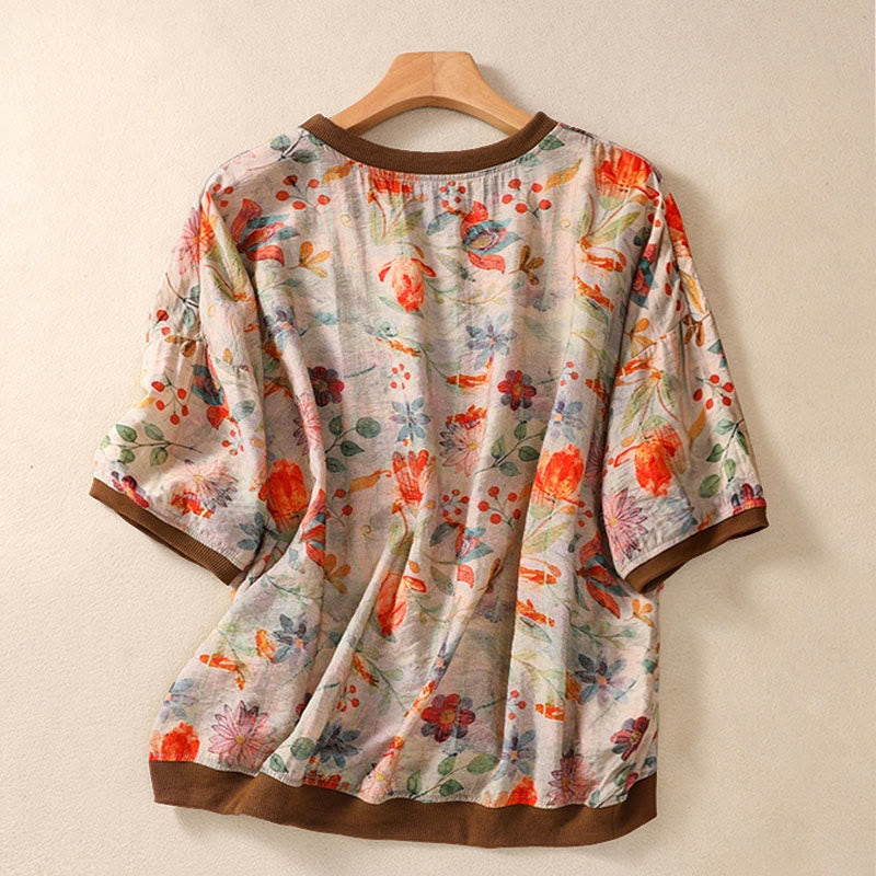 Buddha Stones T-shirts à manches courtes pour femmes, col rond, imprimé floral, style vintage été - image 1