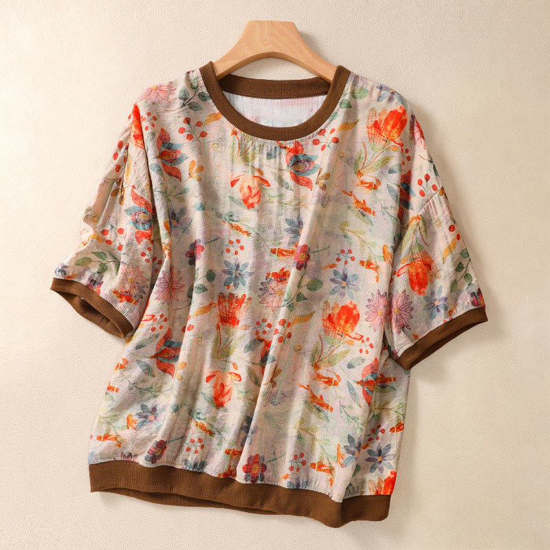 Buddha Stones T-shirts à manches courtes pour femmes, col rond, imprimé floral, style vintage été - Blé - US14，UK/AU18，EU46 (2XL) - image 0
