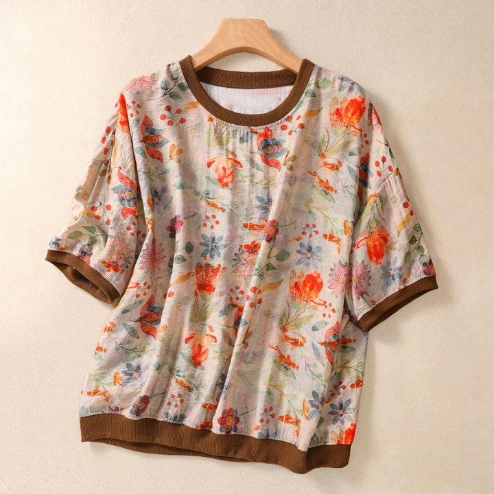 Buddha Stones T-shirts à manches courtes pour femmes, col rond, imprimé floral, style vintage été - Blé - US14，UK/AU18，EU46 (2XL) - image 0