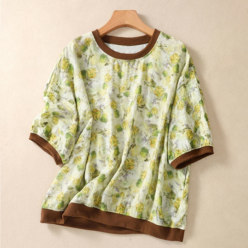 Buddha Stones T-shirts à manches courtes pour femmes, col rond, imprimé floral, style vintage été - JauneVert - US14，UK/AU18，EU46 (2XL) - image 7