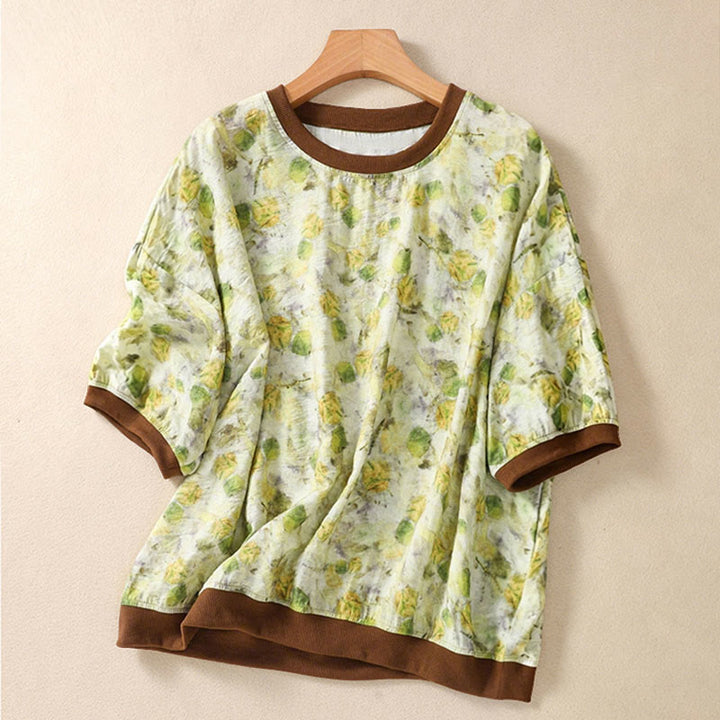 Buddha Stones T-shirts à manches courtes pour femmes, col rond, imprimé floral, style vintage été - JauneVert - US14，UK/AU18，EU46 (2XL) - image 7