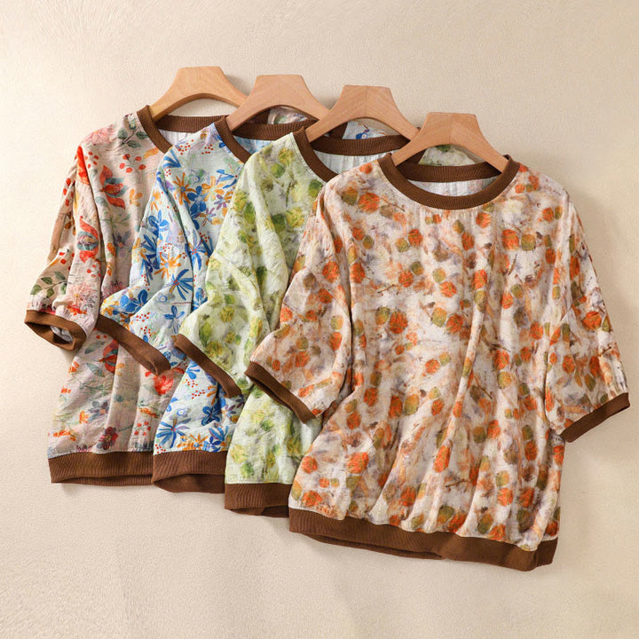 Buddha Stones T-shirts à manches courtes pour femmes, col rond, imprimé floral, style vintage été - image 24