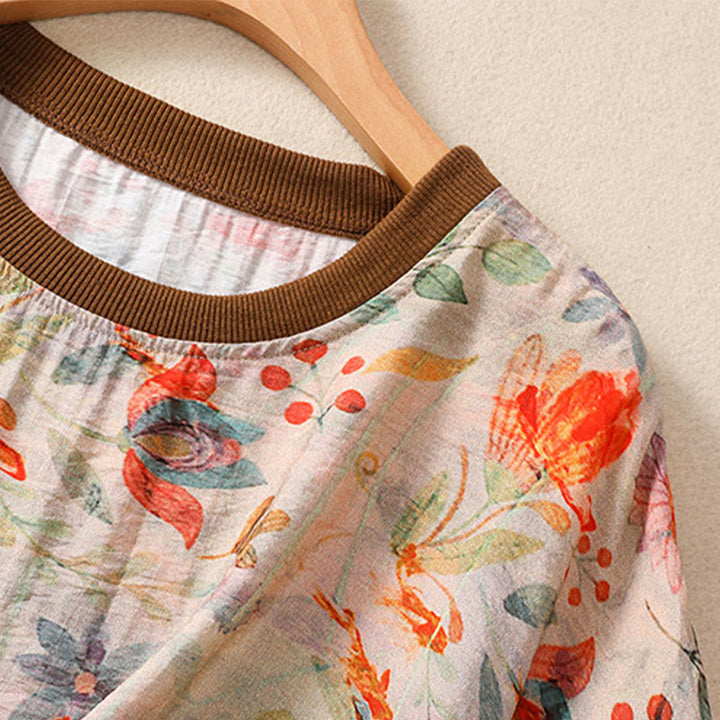 Buddha Stones T-shirts à manches courtes pour femmes, col rond, imprimé floral, style vintage été - image 3