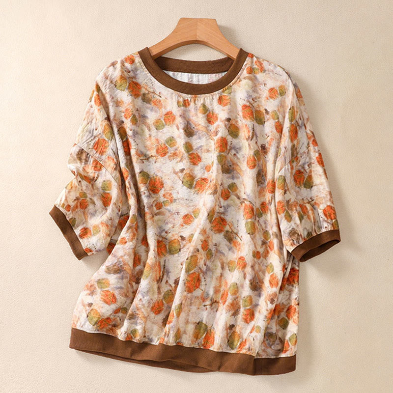 Buddha Stones T-shirts à manches courtes pour femmes, col rond, imprimé floral, style vintage été - Mocassin - US14，UK/AU18，EU46 (2XL) - image 14