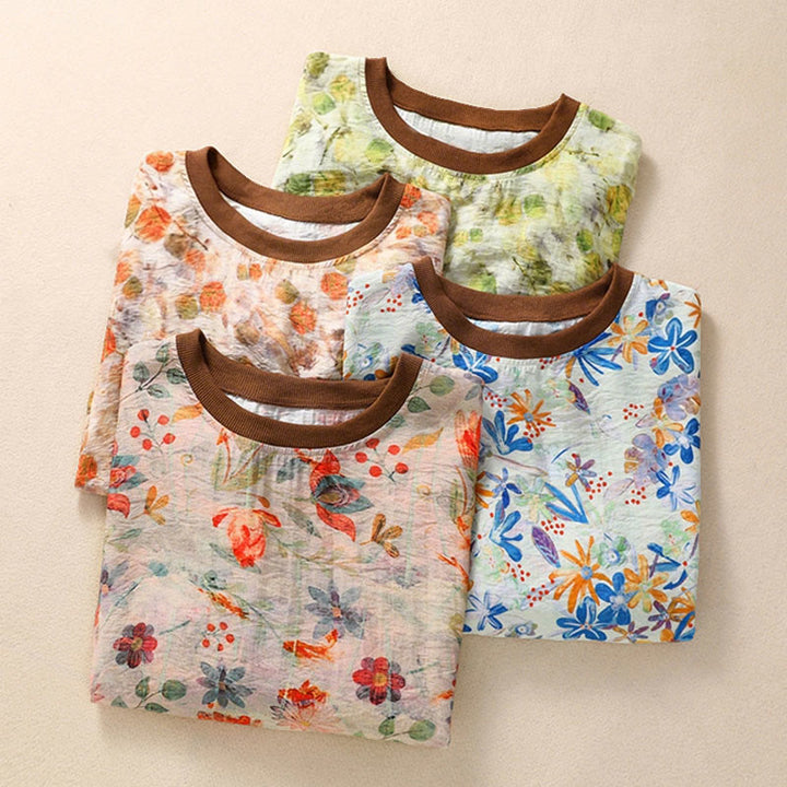 Buddha Stones T-shirts à manches courtes pour femmes, col rond, imprimé floral, style vintage été - image 25