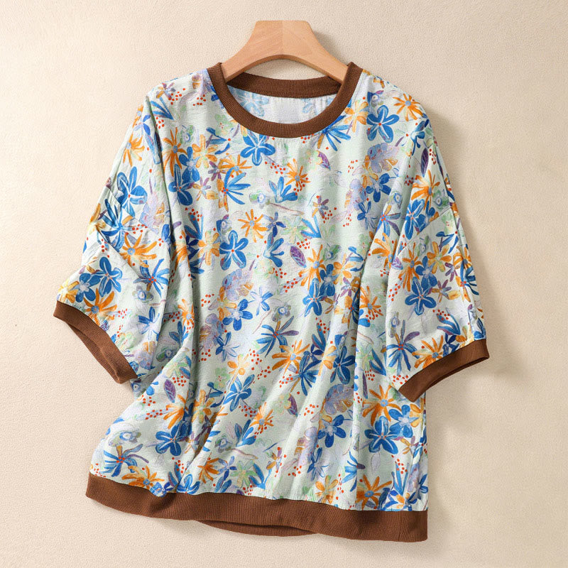 Buddha Stones T-shirts à manches courtes pour femmes, col rond, imprimé floral, style vintage été - Bleu clair - US14，UK/AU18，EU46 (2XL) - image 21