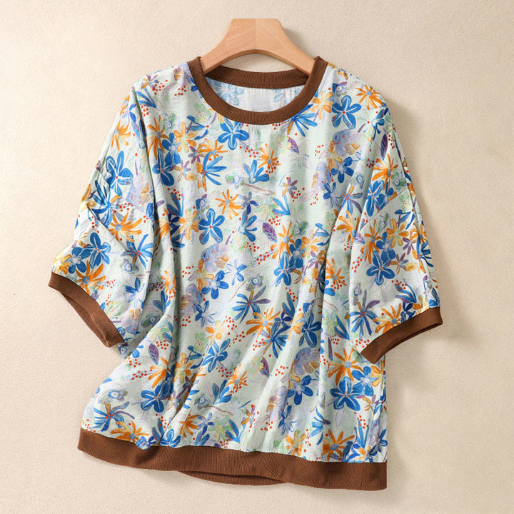 Buddha Stones T-shirts à manches courtes pour femmes, col rond, imprimé floral, style vintage été - Bleu clair - US14，UK/AU18，EU46 (2XL) - image 21