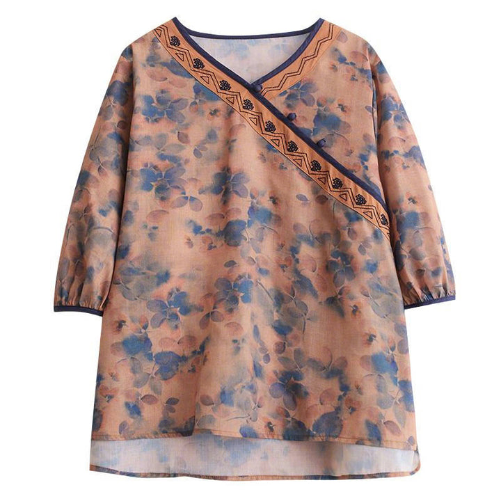 Buddha Stones Chemises d'été vintage à fleurs, col en V, manches 3/4 pour femmes - image 14