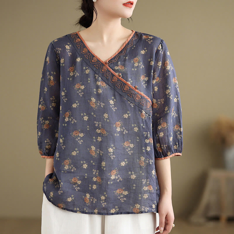 Buddha Stones Chemises d'été vintage à fleurs, col en V, manches 3/4 pour femmes - Bleu ardoise foncé - US8-10，UK/AU12-14，EU40-42 (2XL) - image 0