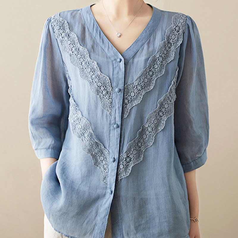 Buddha Stones Chemises d'été unies à col en V et manches 3/4 pour femmes, ornées de dentelle. - Bleu acier clair - US8-10，UK/AU12-14，EU40-42 (2XL) - image 11