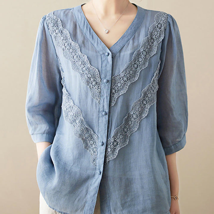 Buddha Stones Chemises d'été unies à col en V et manches 3/4 pour femmes, ornées de dentelle. - Bleu acier clair - US8-10，UK/AU12-14，EU40-42 (2XL) - image 11