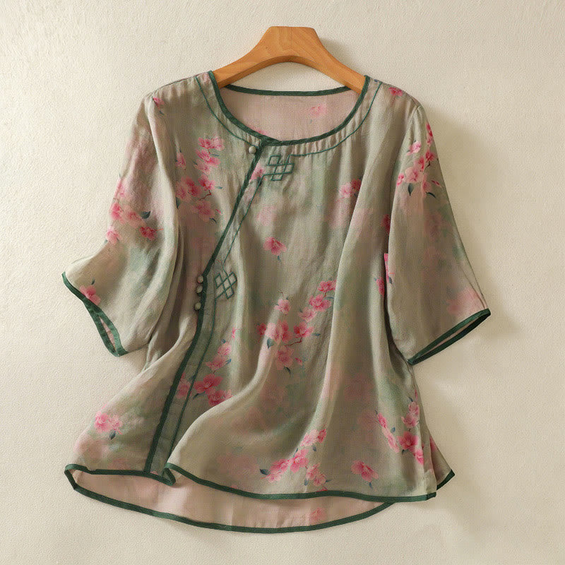 Buddha Stones Chemises d'été à col rond fleuri et boutons grenouille pour femmes, manches trois-quarts - Vert foncé - US8-10，UK/AU12-14，EU40-42 (2XL) - image 15