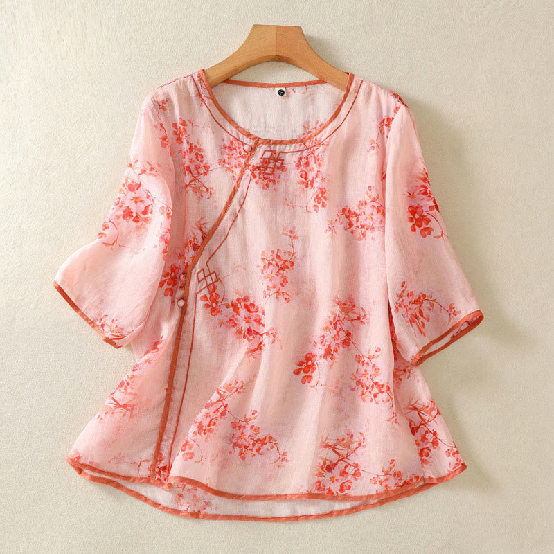 Buddha Stones Chemises d'été à col rond fleuri et boutons grenouille pour femmes, manches trois-quarts - Rose clair - US8-10，UK/AU12-14，EU40-42 (2XL) - image 7