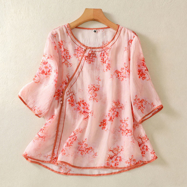Buddha Stones Chemises d'été à col rond fleuri et boutons grenouille pour femmes, manches trois-quarts - Rose clair - US8-10，UK/AU12-14，EU40-42 (2XL) - image 7