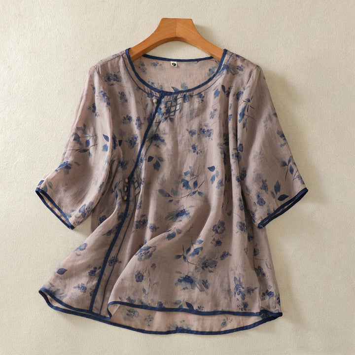Buddha Stones Chemises d'été à col rond fleuri et boutons grenouille pour femmes, manches trois-quarts - Chardon - US8-10，UK/AU12-14，EU40-42 (2XL) - image 0