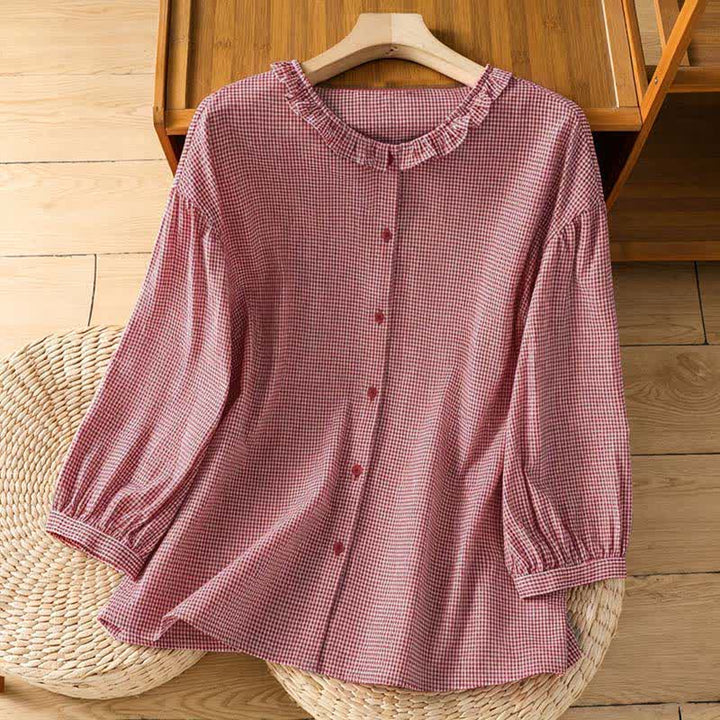 Buddha Stones Chemises à manches longues à carreaux vichy pour femmes, boutonnées, printemps - LightCoral - US8-10，UK/AU12-14，EU40-42 (2XL) - image 0