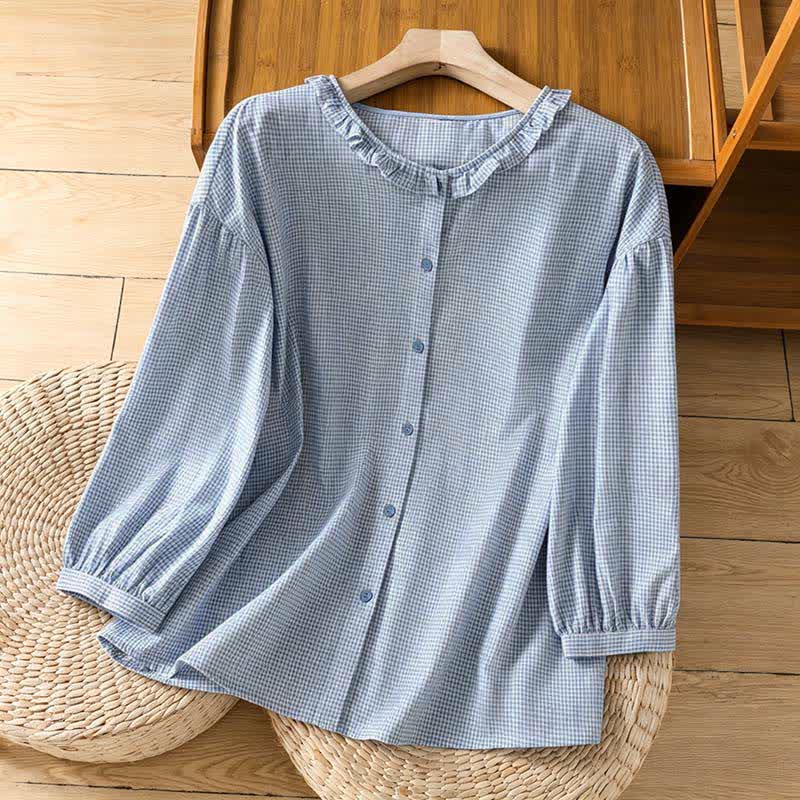 Buddha Stones Chemises à manches longues à carreaux vichy pour femmes, boutonnées, printemps - Bleu poudré - US8-10，UK/AU12-14，EU40-42 (2XL) - image 9