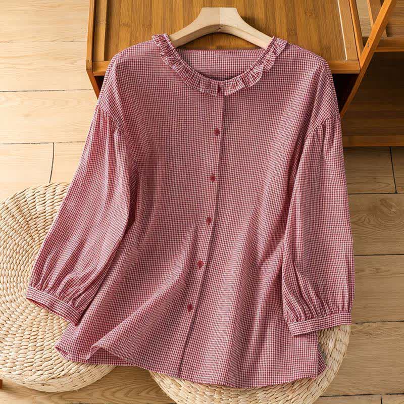Buddha Stones Chemises à manches longues à carreaux vichy pour femmes, boutonnées, printemps - LightCoral - US8-10，UK/AU12-14，EU40-42 (2XL) - image 0